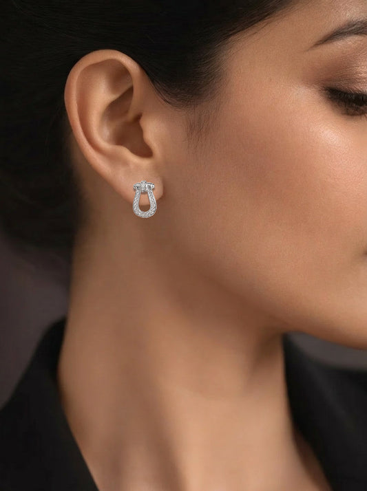 925 Fine Silver Zirconia U Shape Stud Earrings Length-1.2 cm : Width-1 cm