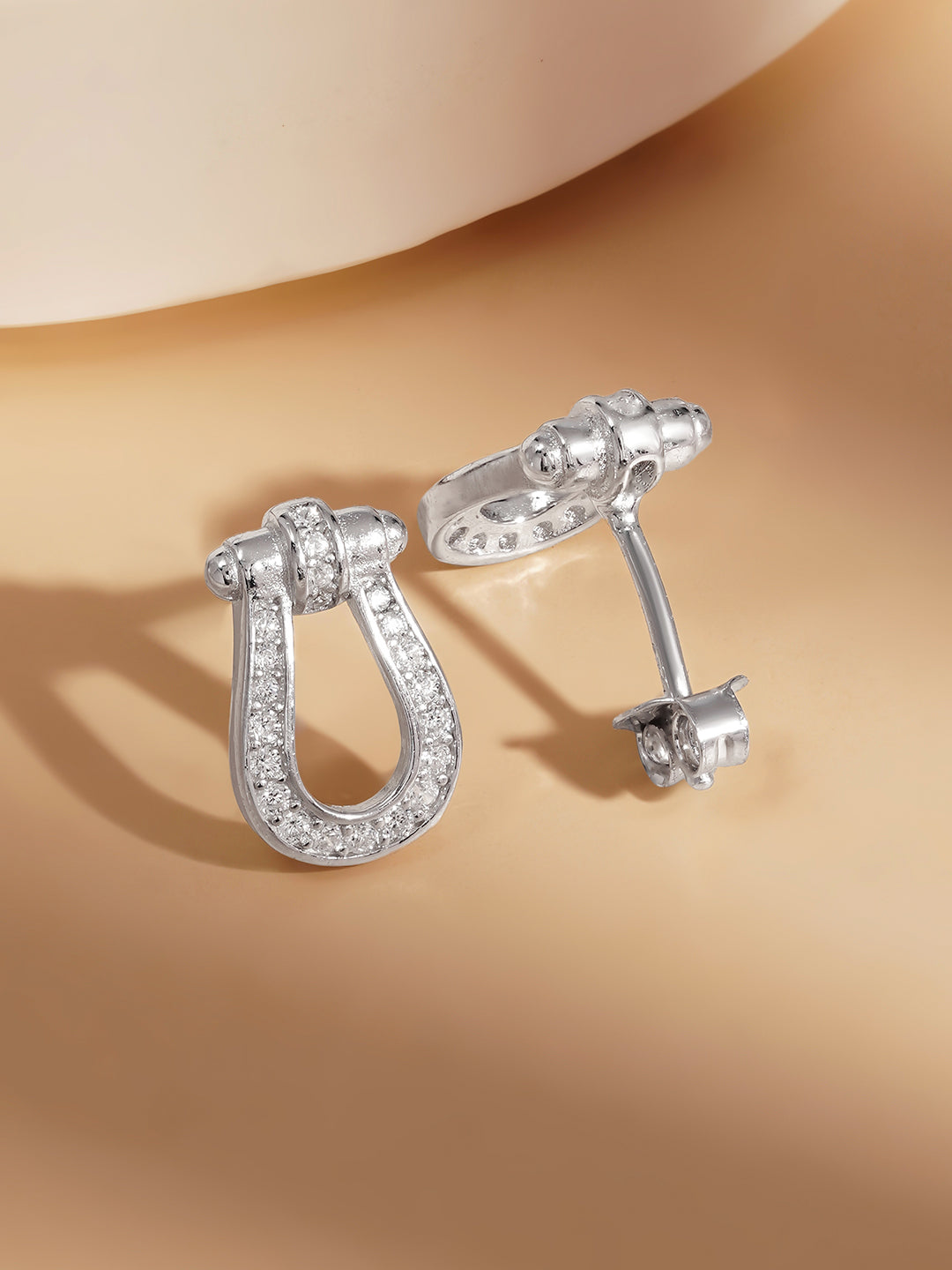 925 Fine Silver Zirconia U Shape Stud Earrings Length-1.2 cm : Width-1 cm