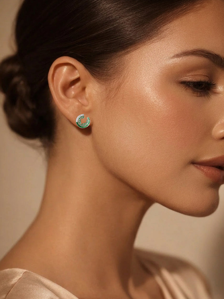 925 Fine Silver Emerald Crystal Crescent Stud Earrings Length-2 cm : Width-1 cm