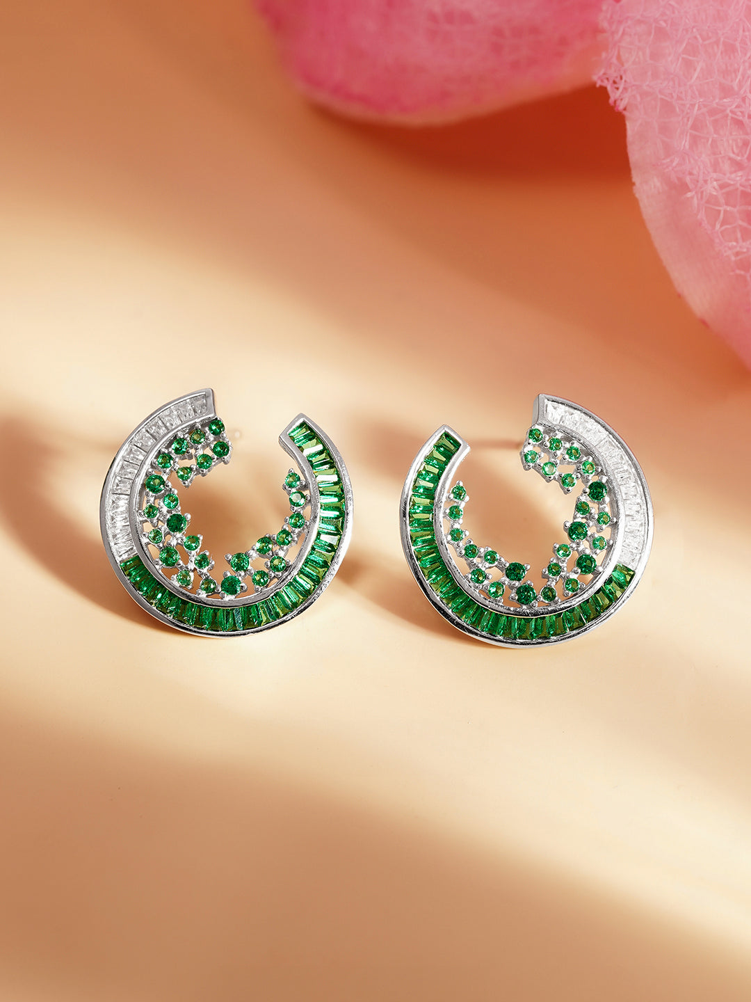 925 Fine Silver Emerald Crystal Crescent Stud Earrings Length-2 cm : Width-1 cm