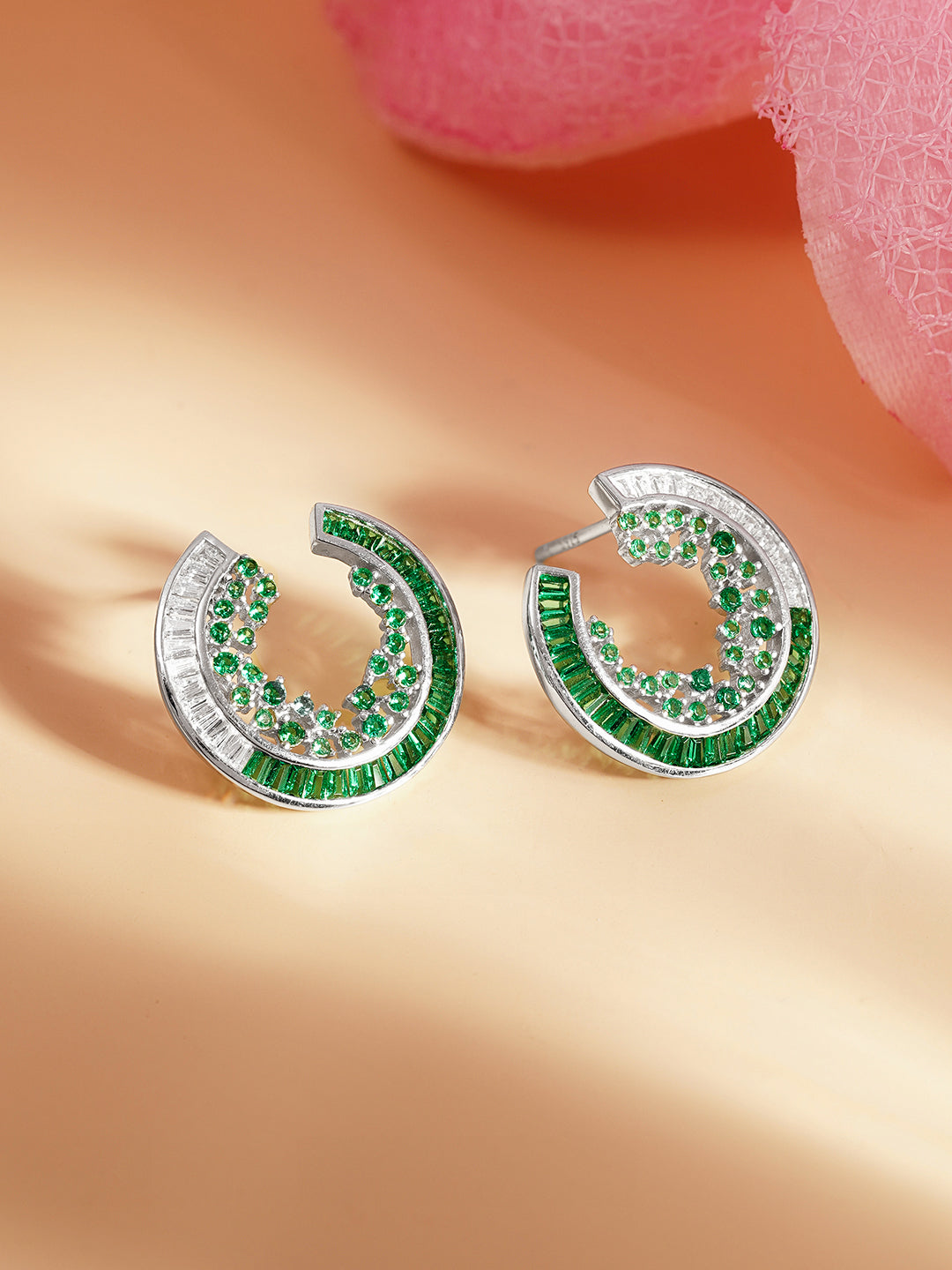 925 Fine Silver Emerald Crystal Crescent Stud Earrings Length-2 cm : Width-1 cm