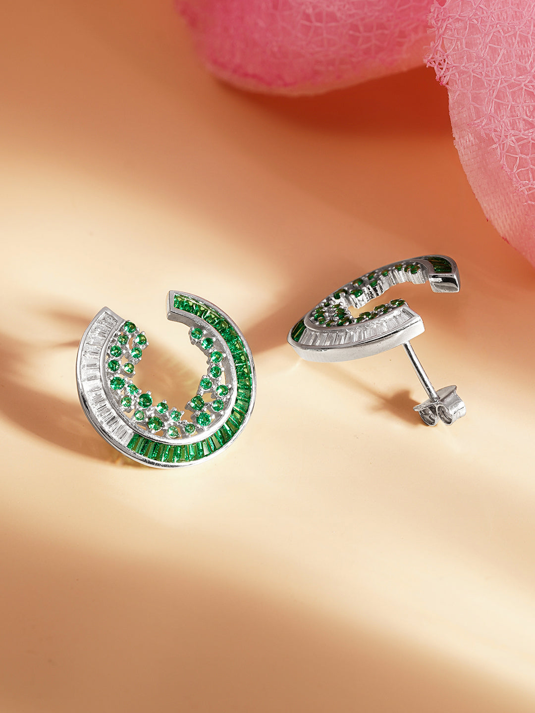 925 Fine Silver Emerald Crystal Crescent Stud Earrings Length-2 cm : Width-1 cm