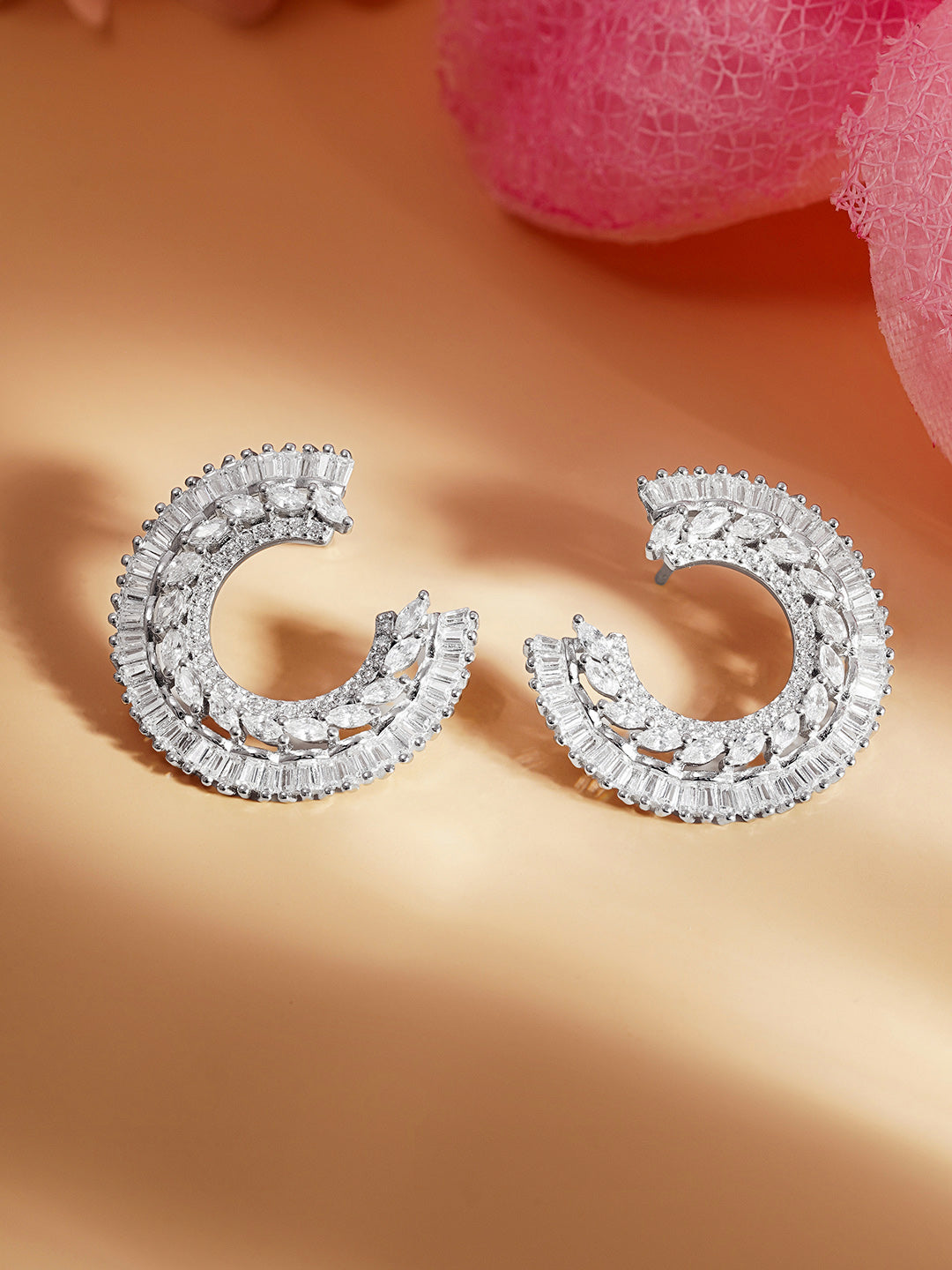 925 Fine Silver Zirconia Crescent Statement Stud Earrings Length-2.5 cm : Width-1.5 cm