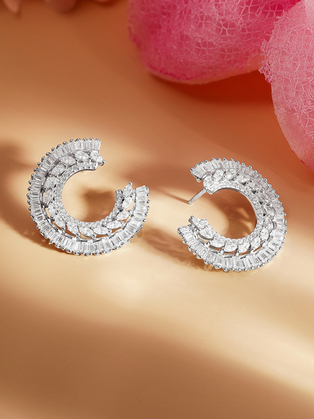 925 Fine Silver Zirconia Crescent Statement Stud Earrings Length-2.5 cm : Width-1.5 cm