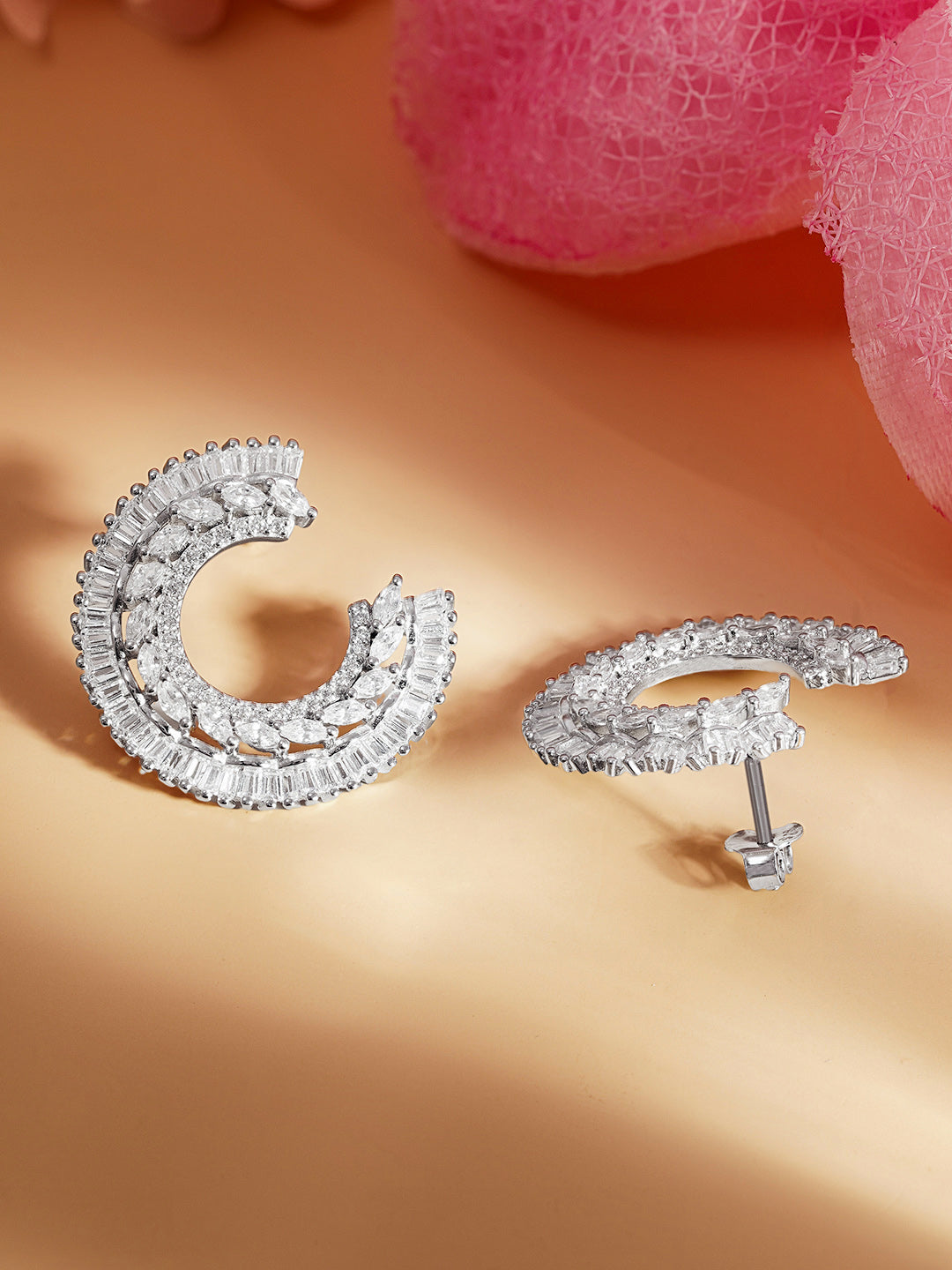 925 Fine Silver Zirconia Crescent Statement Stud Earrings Length-2.5 cm : Width-1.5 cm