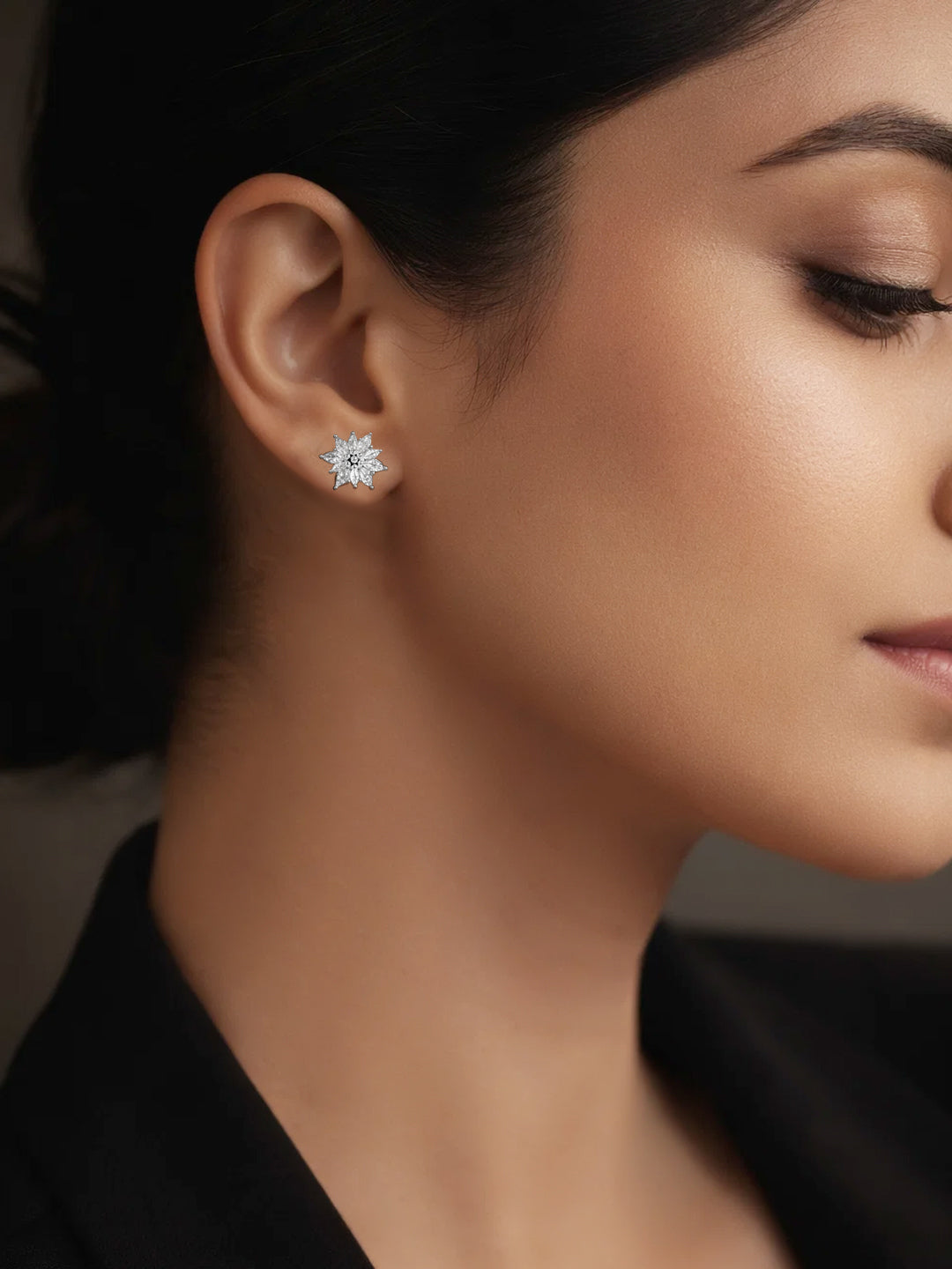 925 Fine Silver Crystal Floral Stud Earrings Length-1.5 cm : Width-1.5 cm