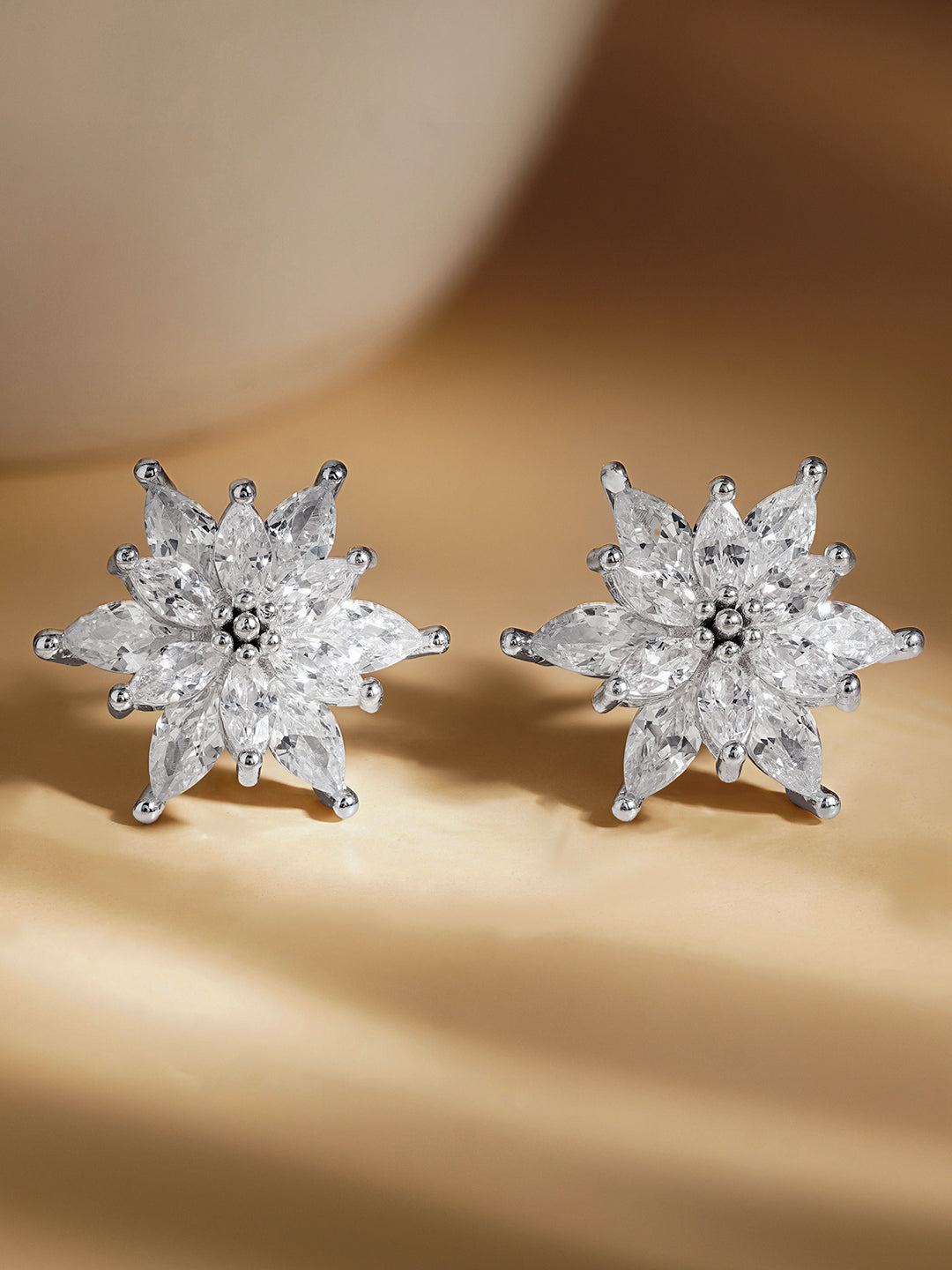 925 Fine Silver Crystal Floral Stud Earrings Length-1.5 cm : Width-1.5 cm