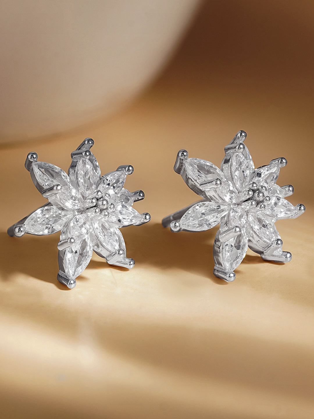 925 Fine Silver Crystal Floral Stud Earrings Length-1.5 cm : Width-1.5 cm