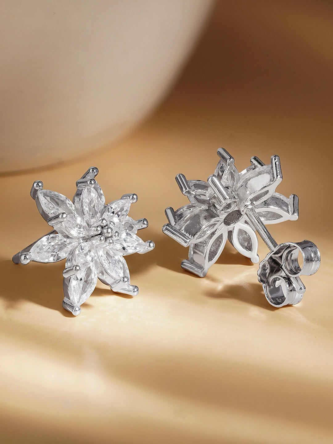 925 Fine Silver Crystal Floral Stud Earrings Length-1.5 cm : Width-1.5 cm