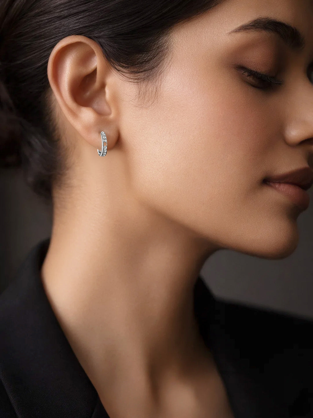 925 Fine Silver Minimal Crystal Half-Hoop Earrings Length-2 cm : Width-0.3 cm