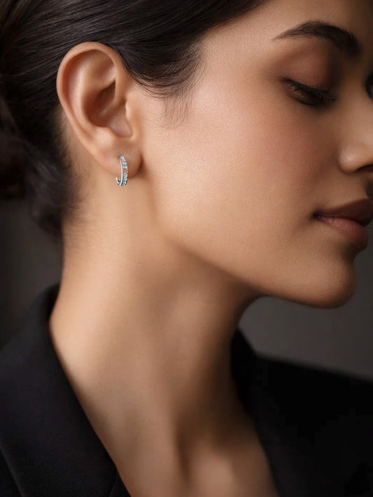 925 Fine Silver Minimal Crystal Half-Hoop Earrings Length-2 cm : Width-0.3 cm