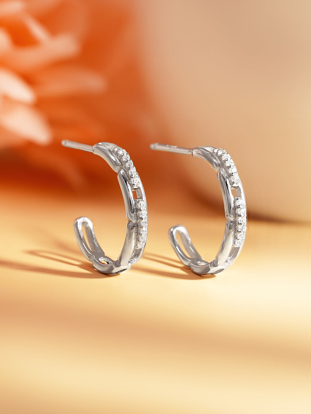 925 Fine Silver Minimal Crystal Half-Hoop Earrings Length-2 cm : Width-0.3 cm