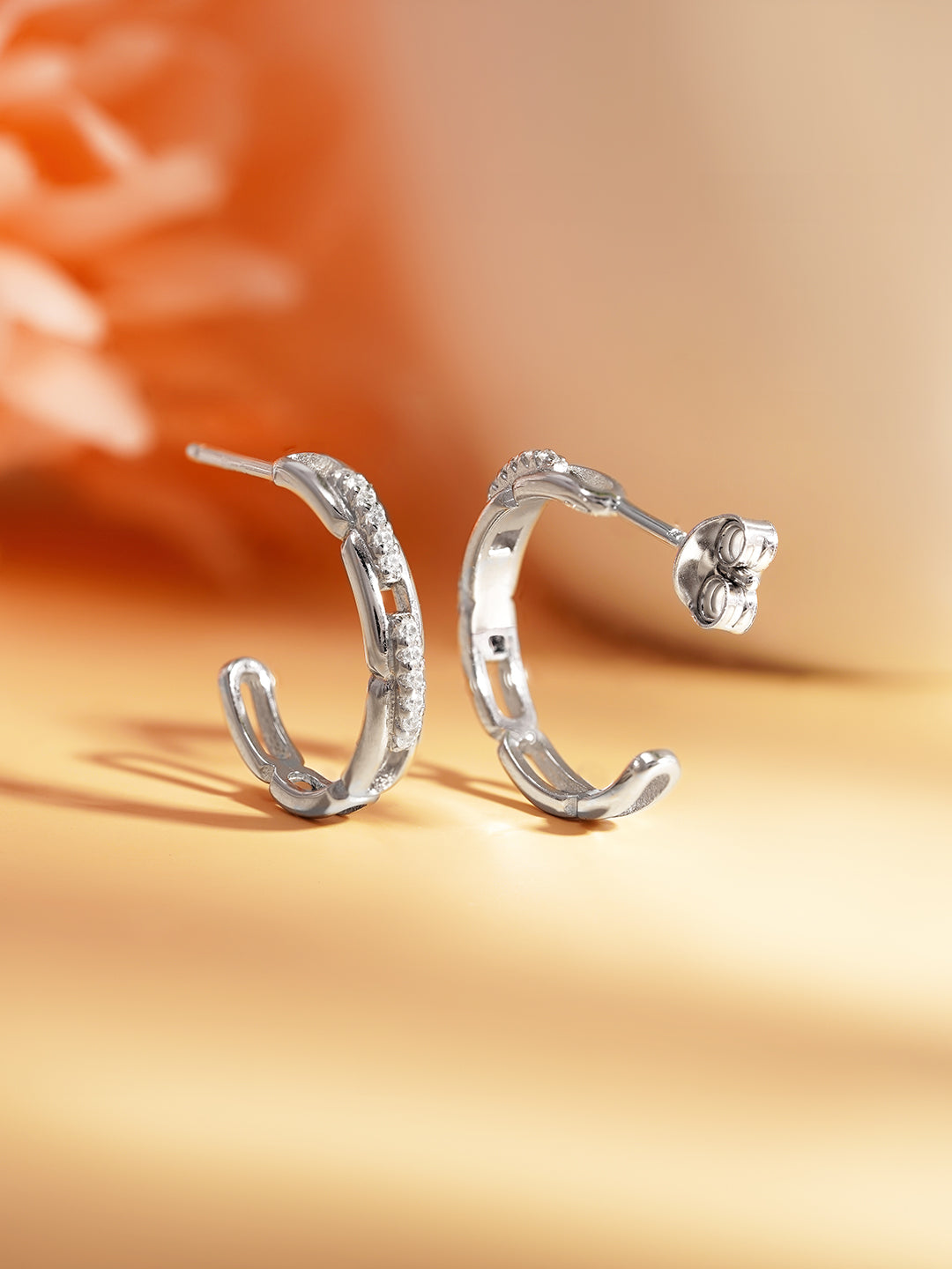 925 Fine Silver Minimal Crystal Half-Hoop Earrings Length-2 cm : Width-0.3 cm