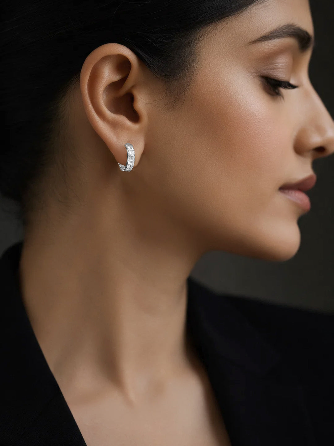 925 Fine Silver Crystal Chunky Hoop Earrings Length-1 cm : Width-0.3 cm