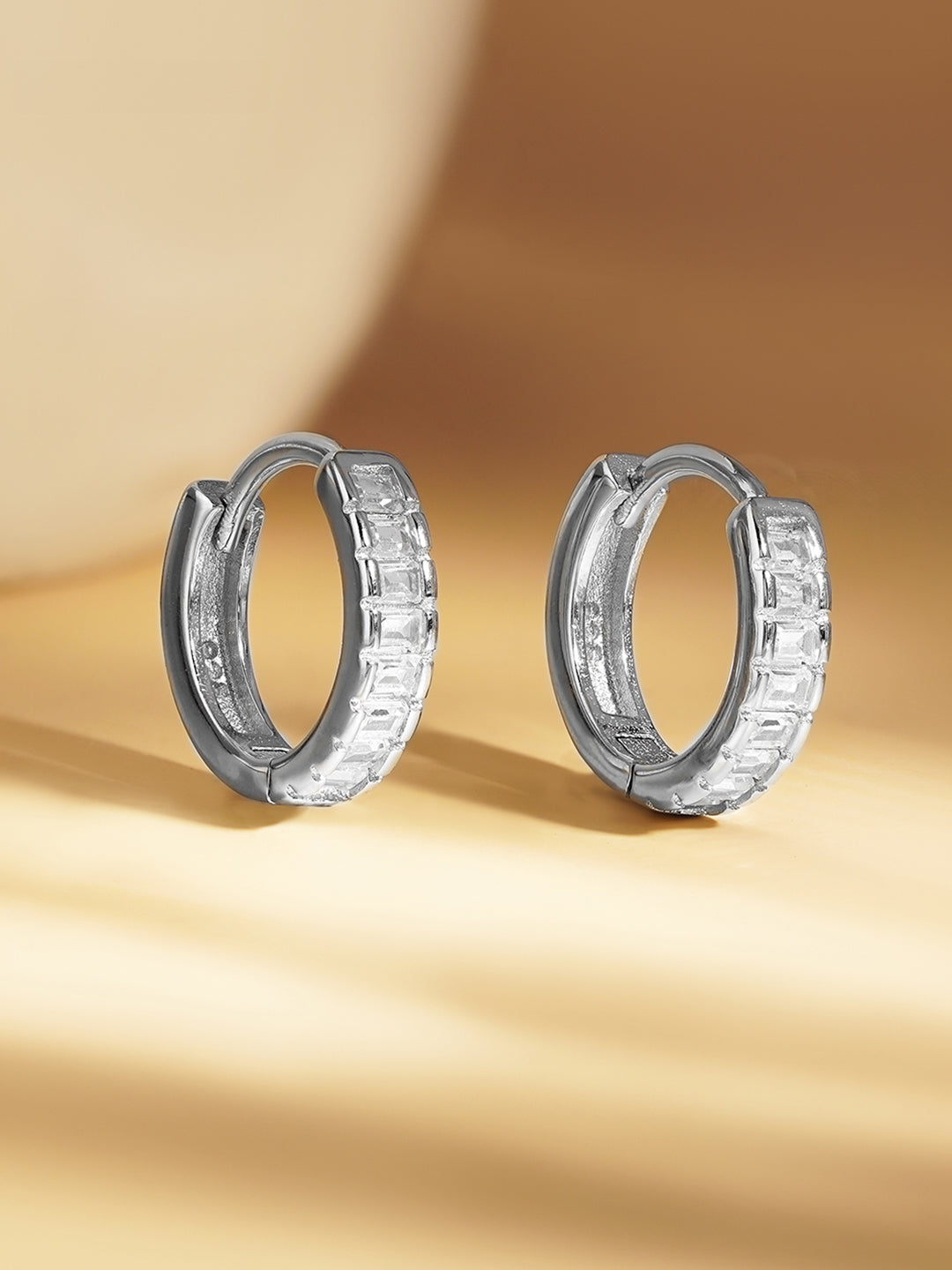 925 Fine Silver Crystal Chunky Hoop Earrings Length-1 cm : Width-0.3 cm
