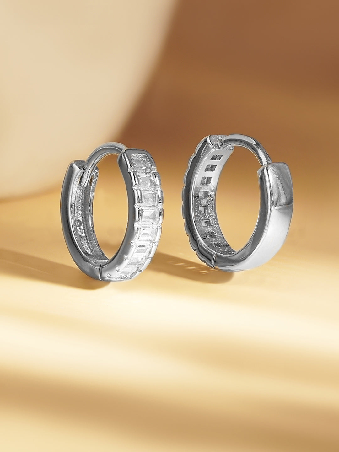 925 Fine Silver Crystal Chunky Hoop Earrings Length-1 cm : Width-0.3 cm