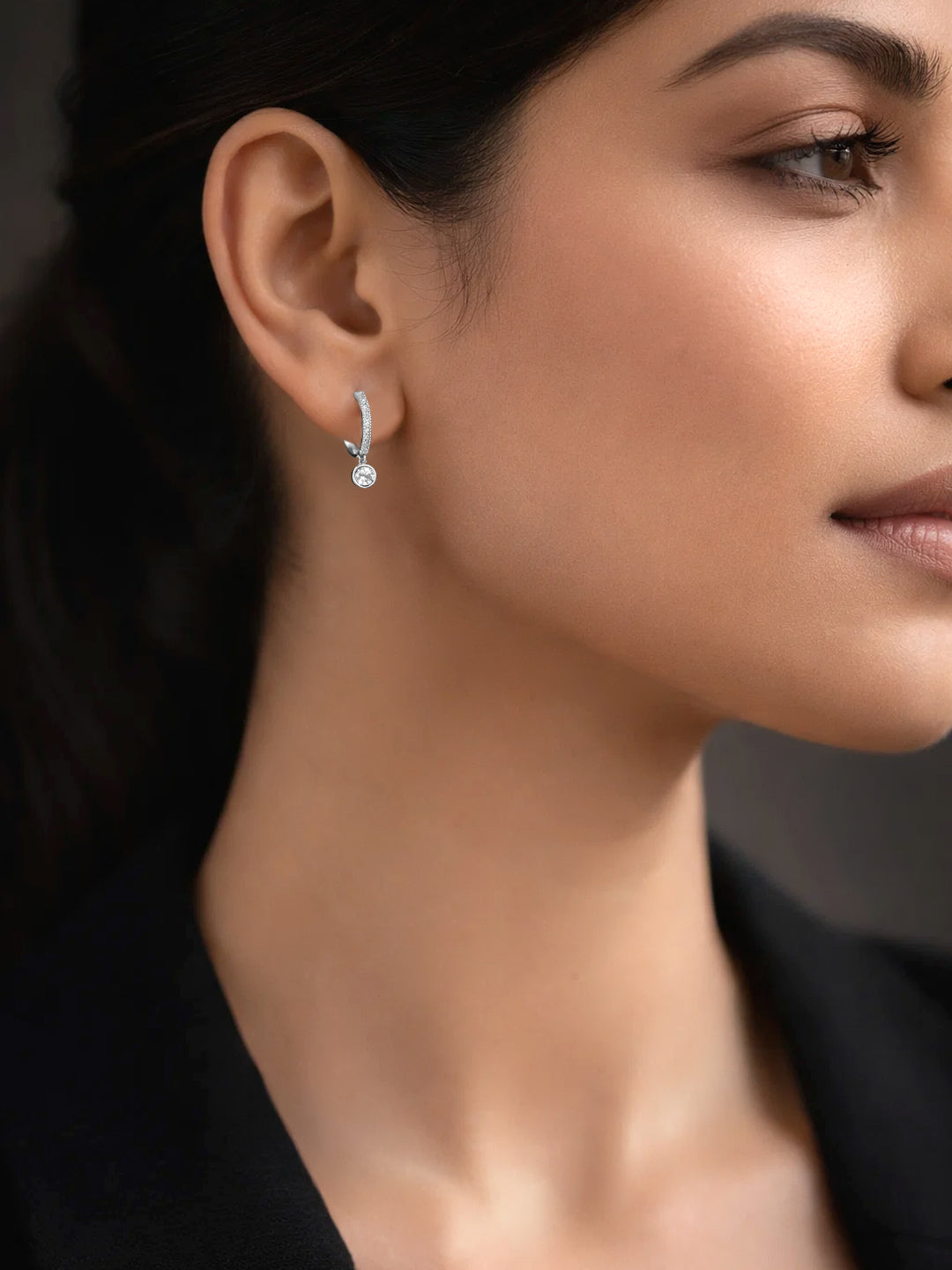 925 Fine Silver Zirconia Hoop Drop Earrings Length-1 cm : Width-0.3 cm