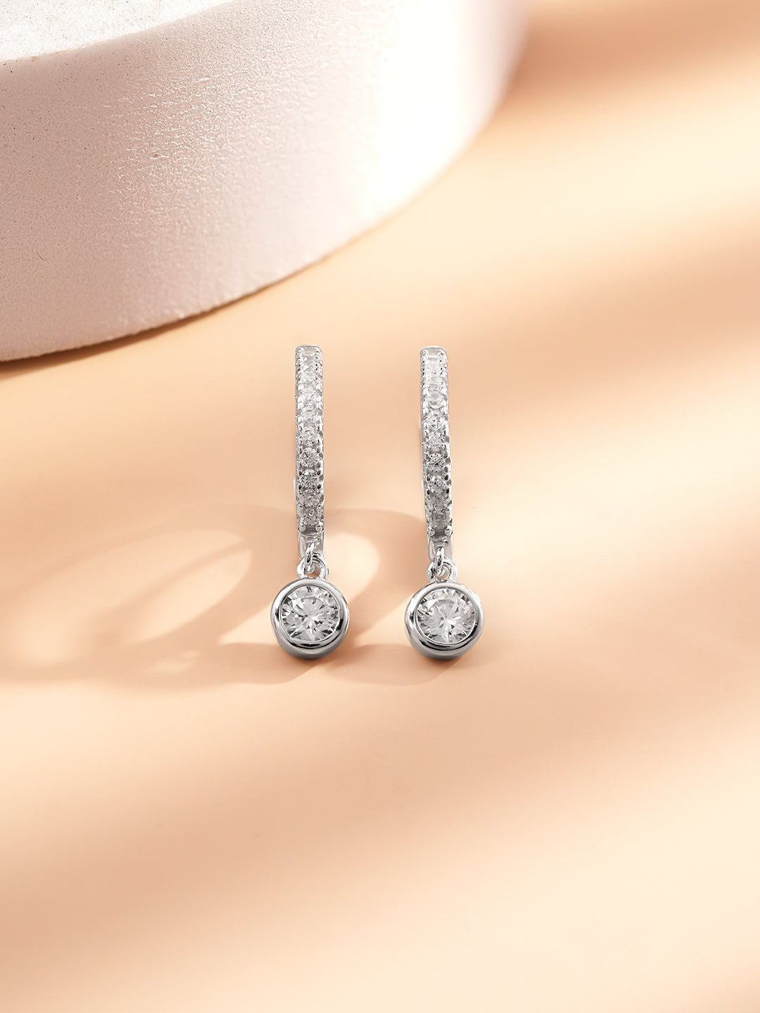 925 Fine Silver Zirconia Hoop Drop Earrings Length-1 cm : Width-0.3 cm