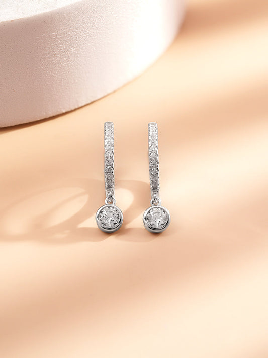 925 Fine Silver Zirconia Hoop Drop Earrings Length-1 cm : Width-0.3 cm