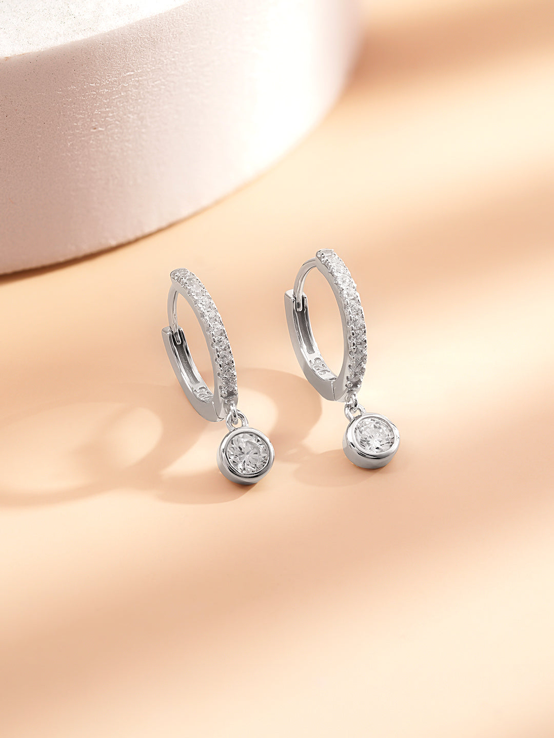 925 Fine Silver Zirconia Hoop Drop Earrings Length-1 cm : Width-0.3 cm