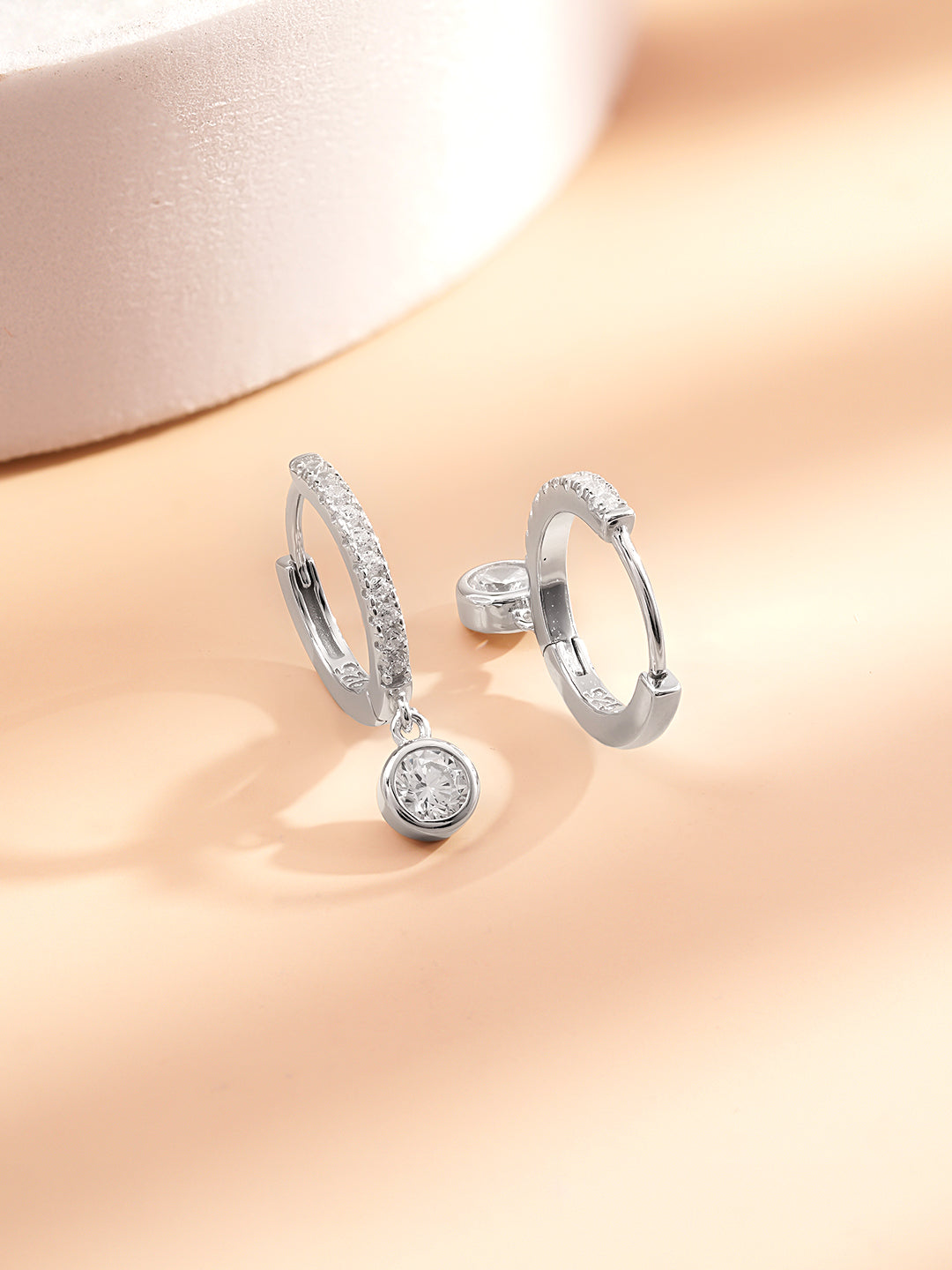 925 Fine Silver Zirconia Hoop Drop Earrings Length-1 cm : Width-0.3 cm
