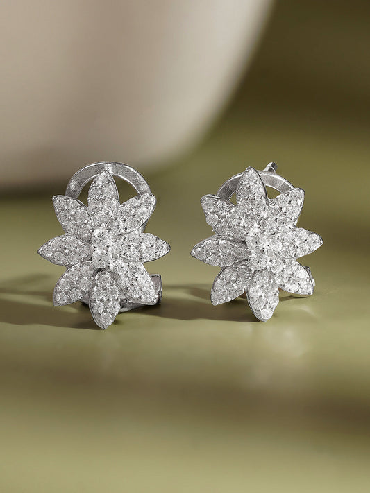 925 Fine Silver Zirconia Floral Stud Earrings Length-1 cm : Width-1 cm