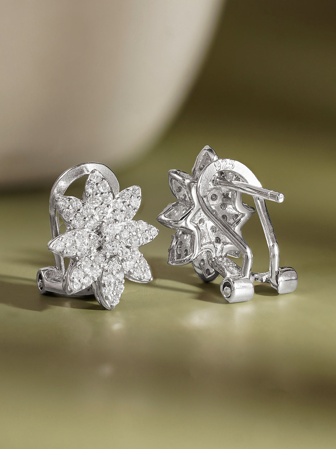 925 Fine Silver Zirconia Floral Stud Earrings Length-1 cm : Width-1 cm