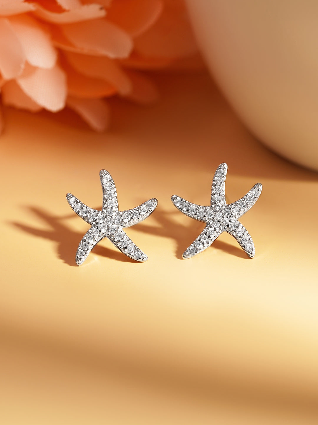 925 Fine Silver Glittering Zirconia Starfish Stud Earrings Length-1.5 cm : Width-1.5 cm