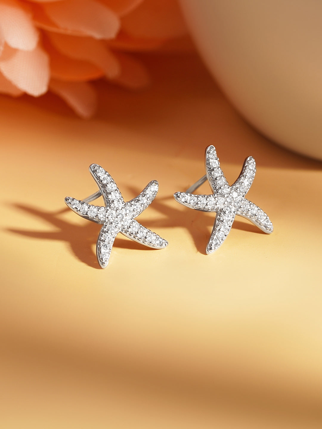 925 Fine Silver Glittering Zirconia Starfish Stud Earrings Length-1.5 cm : Width-1.5 cm