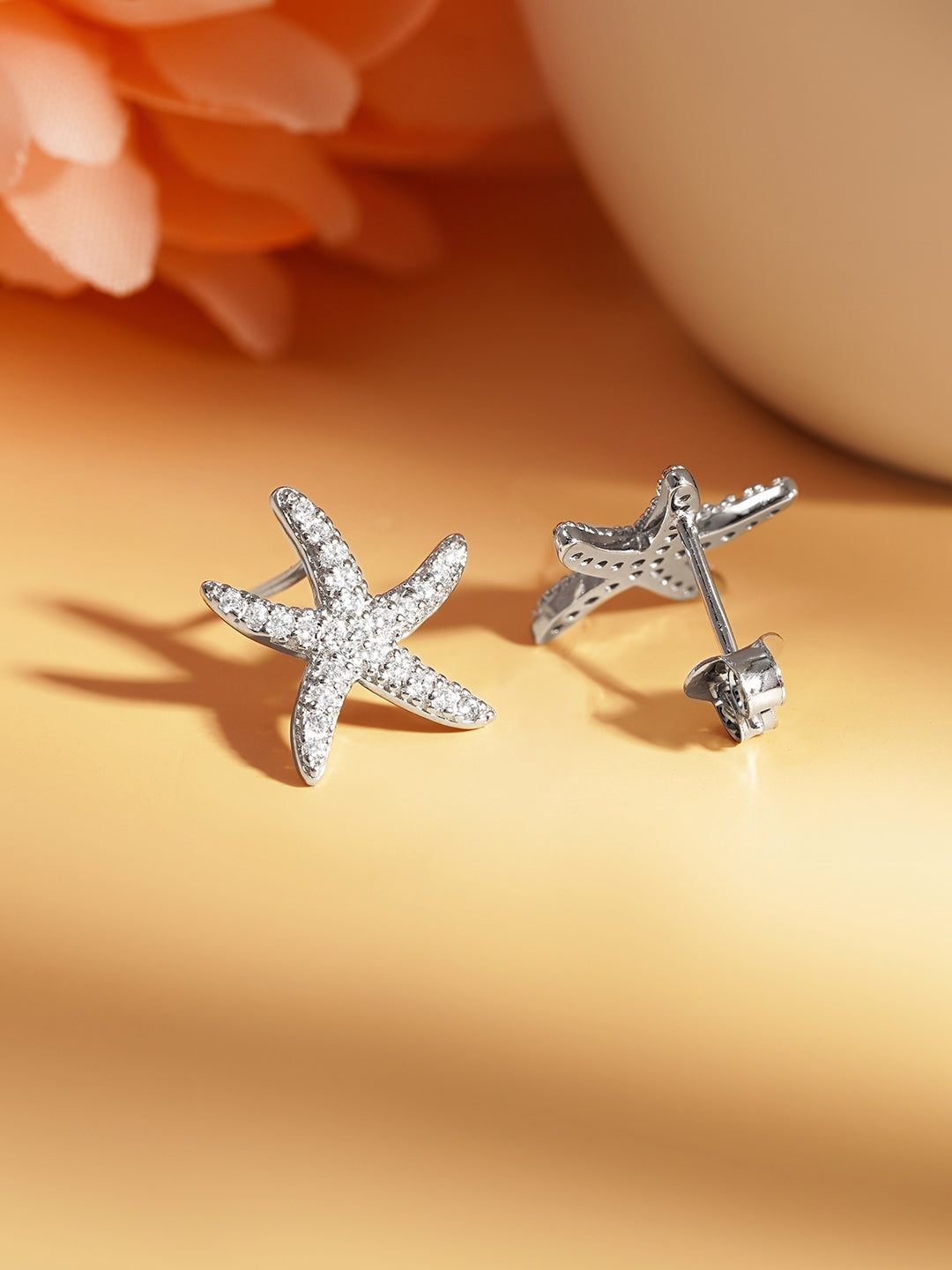 925 Fine Silver Glittering Zirconia Starfish Stud Earrings Length-1.5 cm : Width-1.5 cm