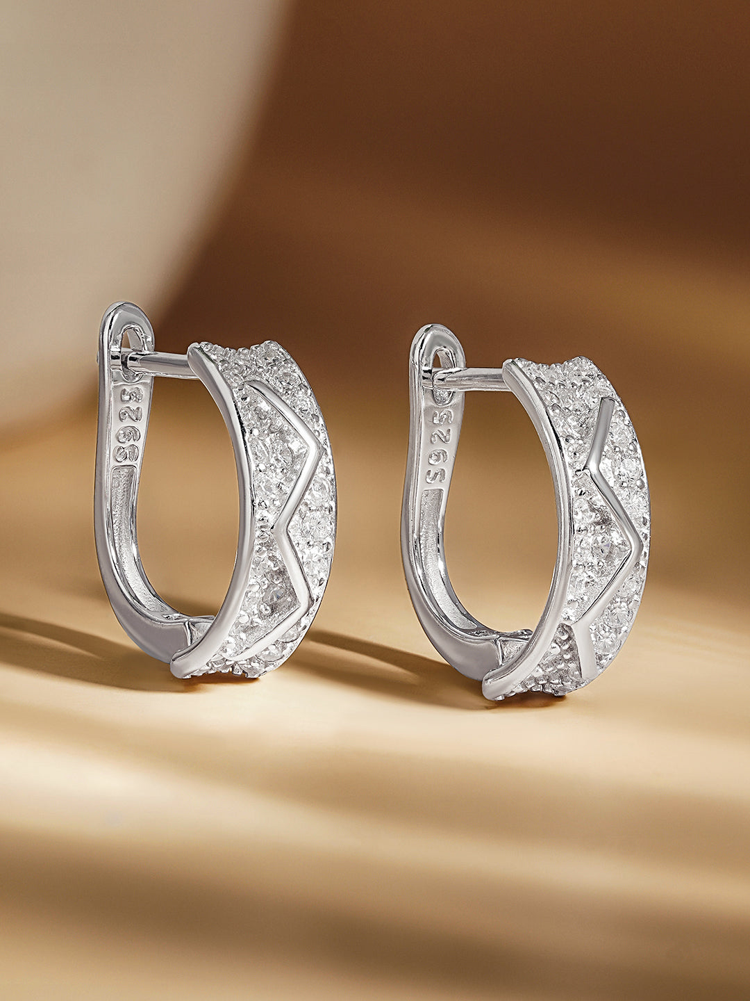 925 Fine Silver Zirconia Pattern Hoop Earrings Length-1.5 cm : Width-0.5 cm