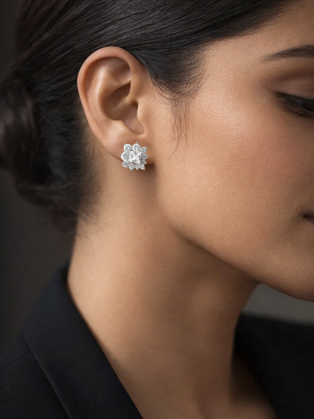 925 Fine Silver Crystal Floral Stud Earrings Length-1.5 cm : Width-1.5 cm