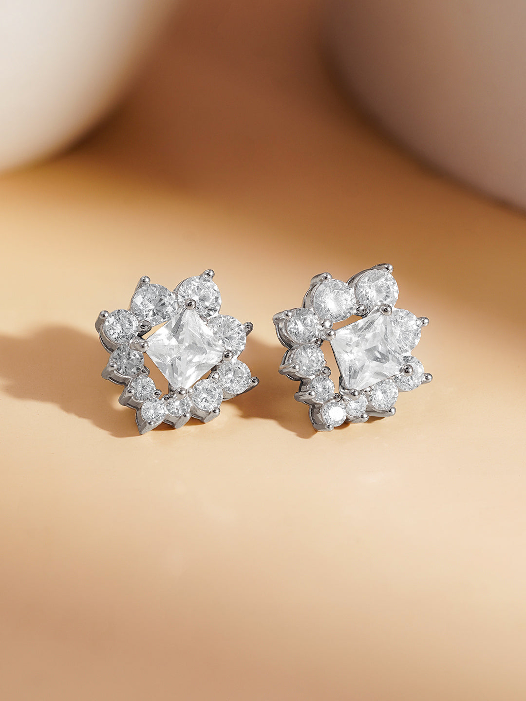 925 Fine Silver Crystal Floral Stud Earrings Length-1.5 cm : Width-1.5 cm