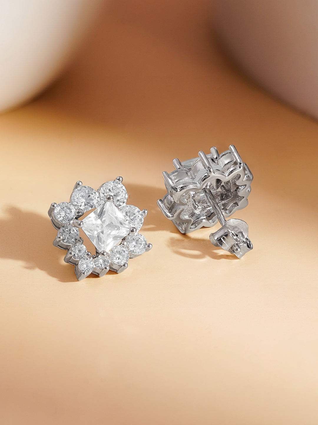 925 Fine Silver Crystal Floral Stud Earrings Length-1.5 cm : Width-1.5 cm