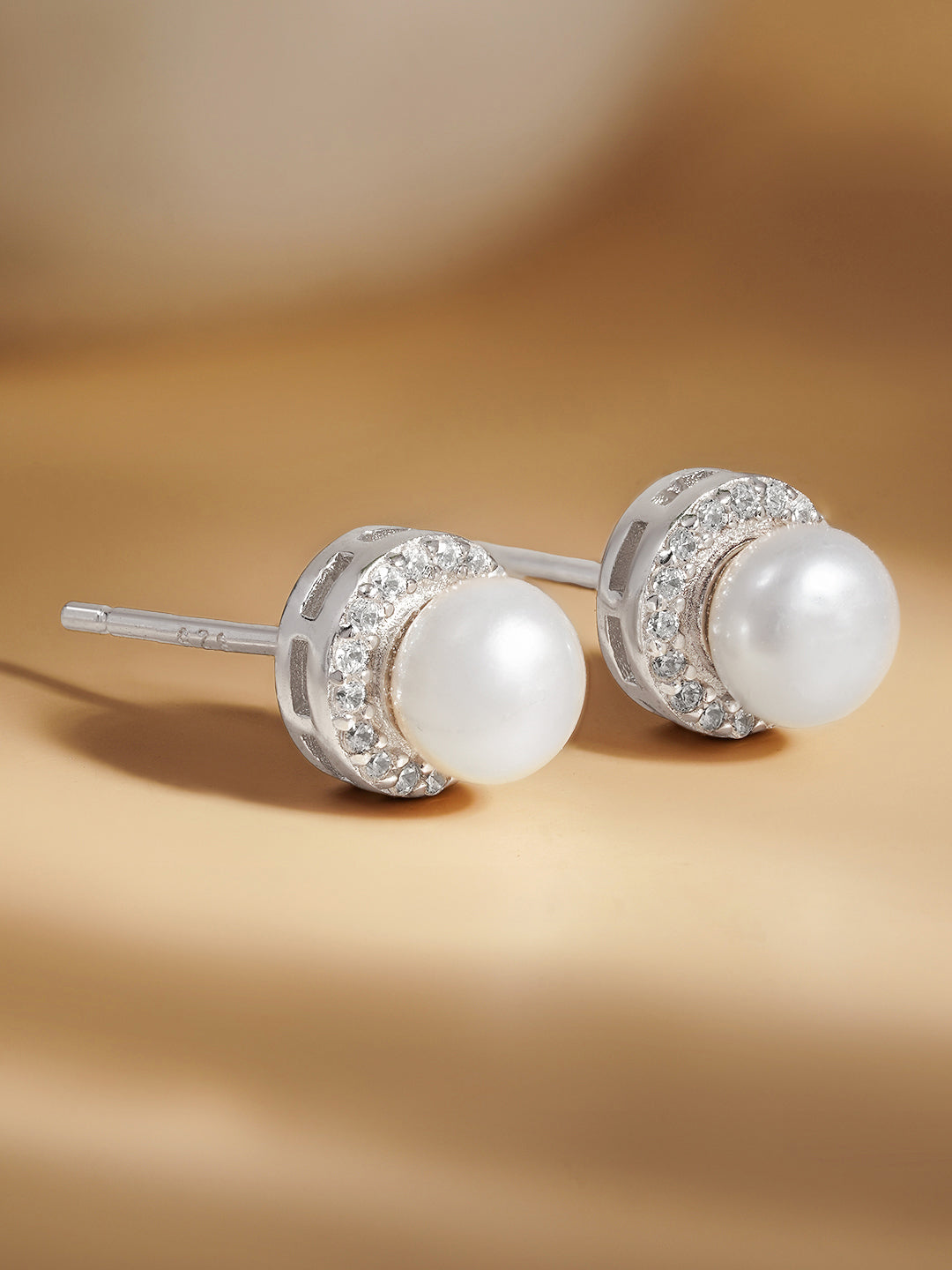 925 Fine Silver Crystal Pearl Stud Earrings Length-0.8 cm : Width-0.8 cm