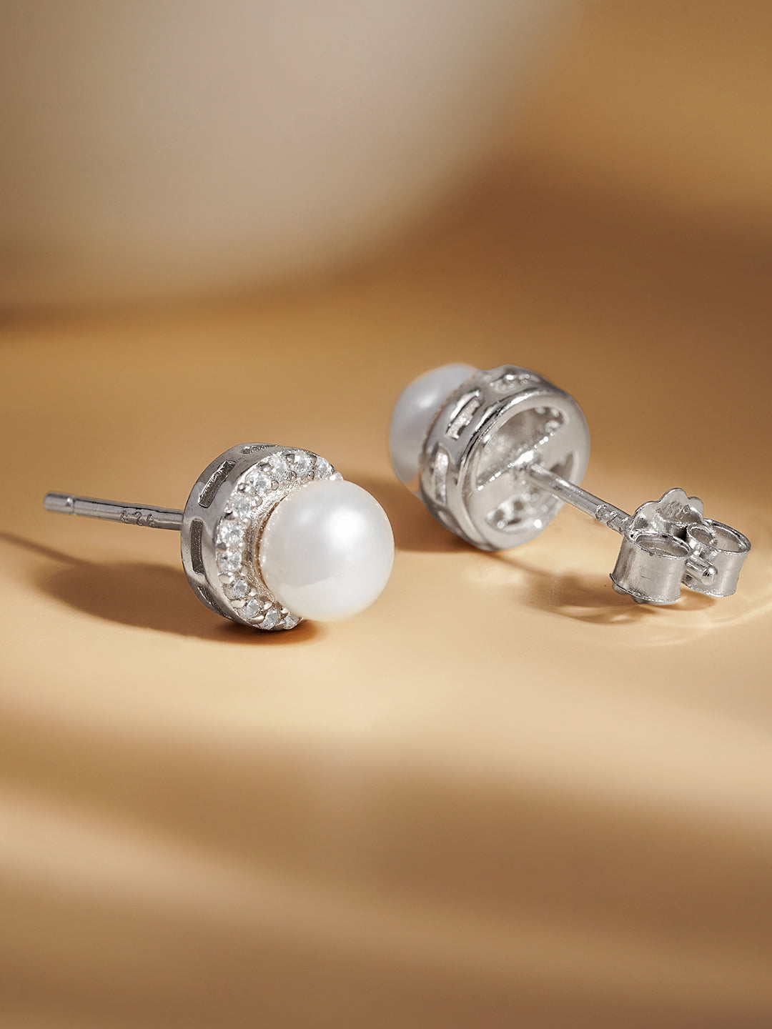 925 Fine Silver Crystal Pearl Stud Earrings Length-0.8 cm : Width-0.8 cm