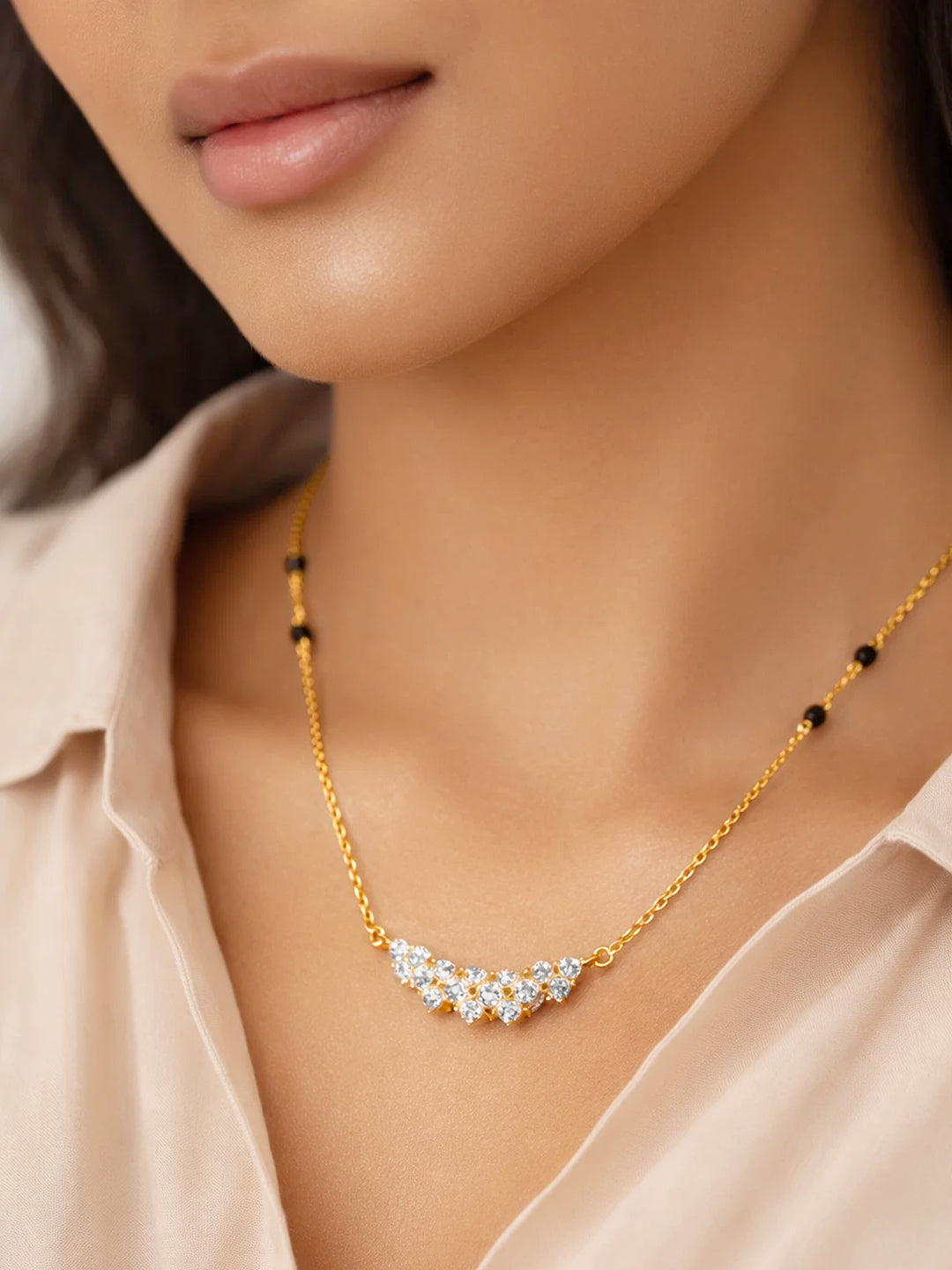 925 Fine  Silver Floral Cluster Diamond Mangalsutra Length-20 cm : Width-2 cm