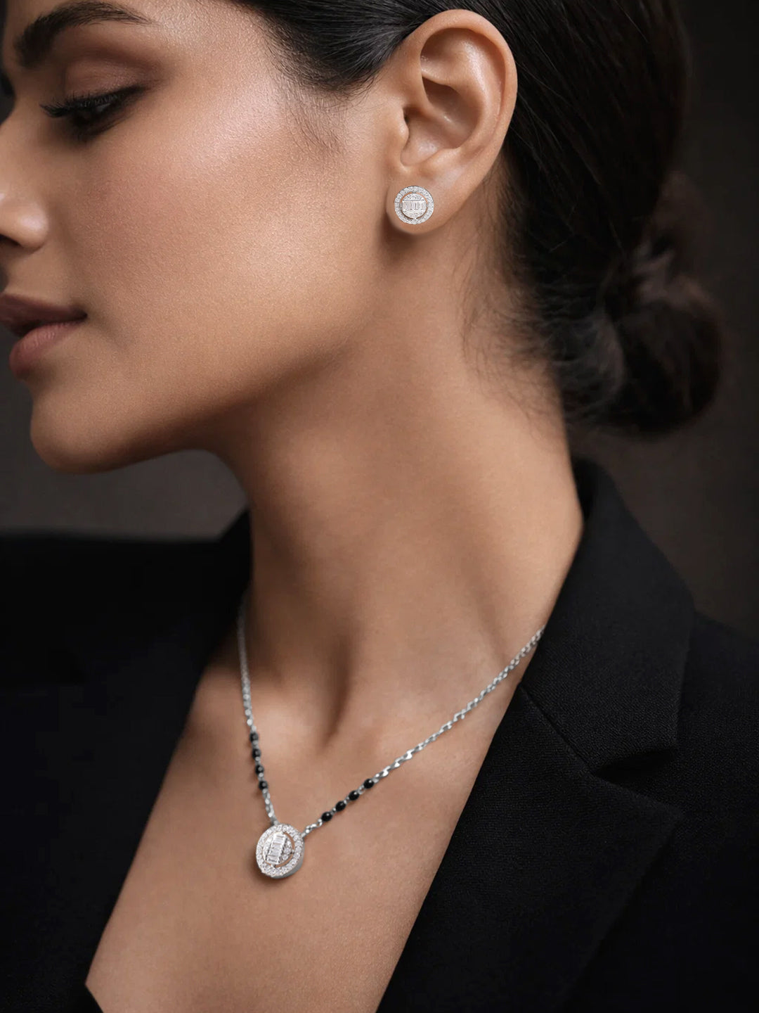 925 Fine  Silver Solitaire Diamond Mangalsutra Set Length-20 cm : Width-1 cm