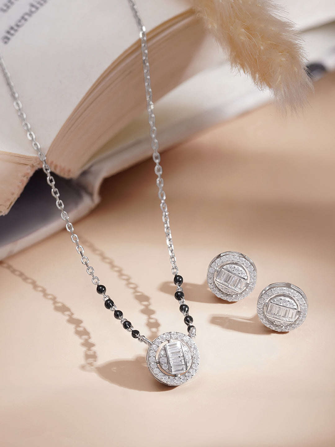 925 Fine  Silver Solitaire Diamond Mangalsutra Set Length-20 cm : Width-1 cm