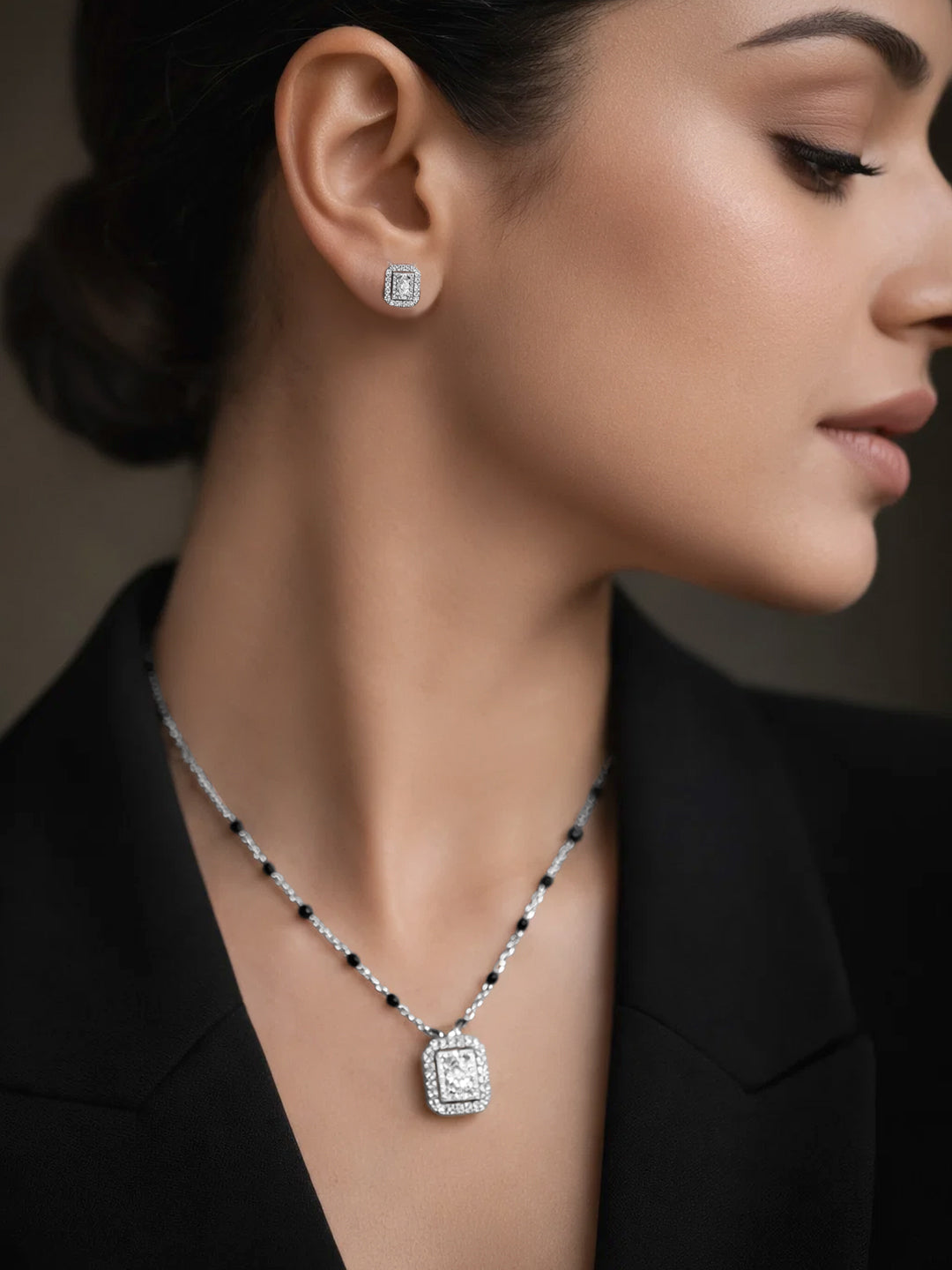 925 Fine  Silver Diamond Frame Mangalsutra Set Length-20 cm : Width-1 cm