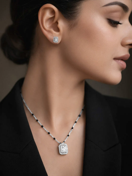 925 Fine  Silver Diamond Frame Mangalsutra Set Length-20 cm : Width-1 cm