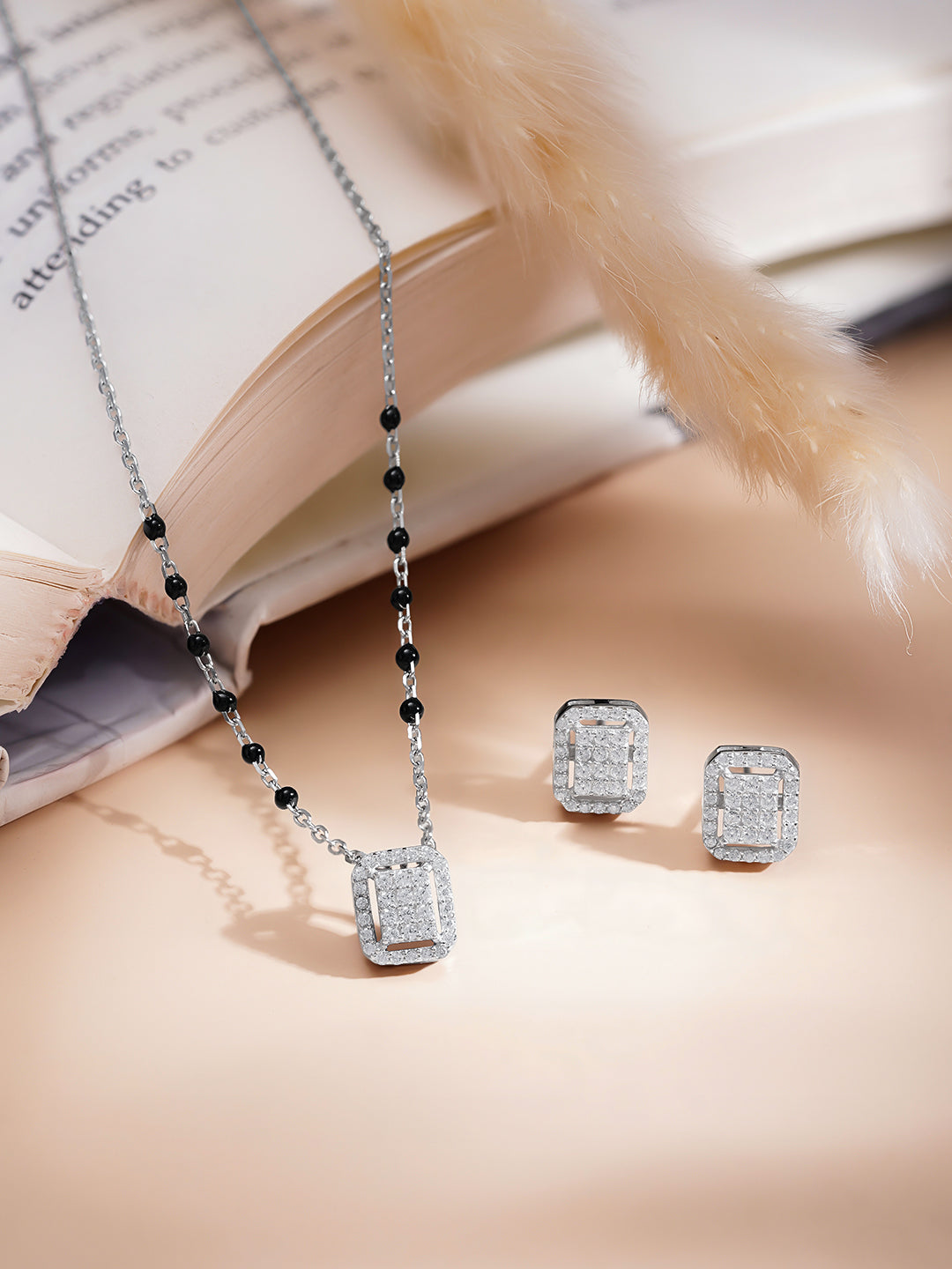 925 Fine  Silver Diamond Frame Mangalsutra Set Length-20 cm : Width-1 cm