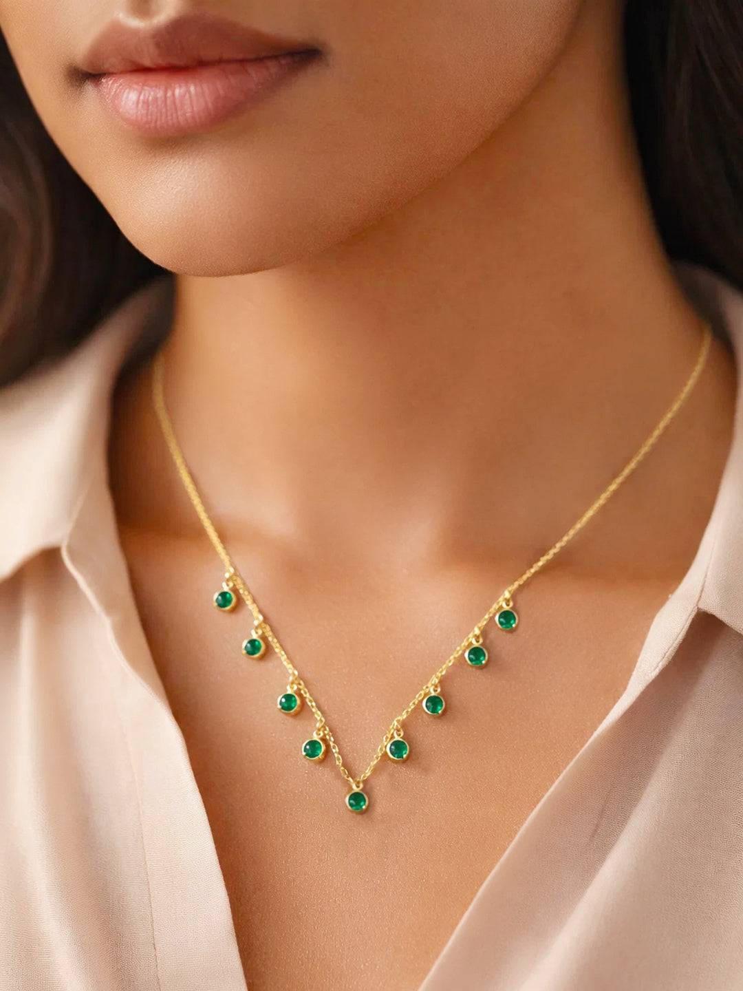 925 Fine Silver Emerald Charm Necklace Length-20 cm : Width-0.5 cm