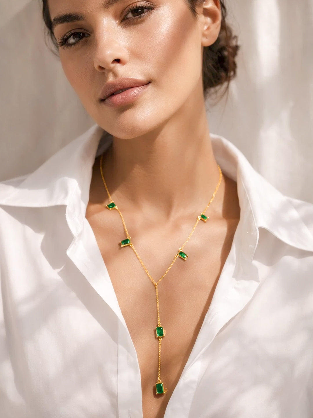 925 Fine Silver Emerald Drop Y-Shape Necklace Length-26 cm : Width-0.5 cm