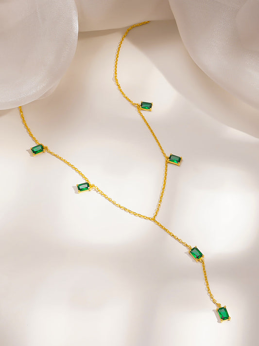 925 Fine Silver Emerald Drop Y-Shape Necklace Length-26 cm : Width-0.5 cm