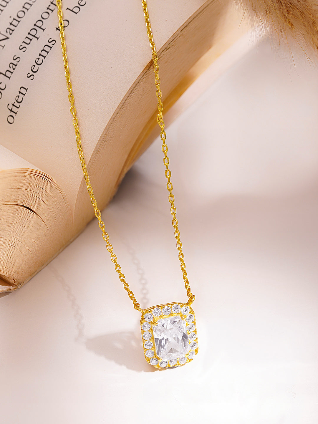 925 Fine Silver Cushion Halo Diamond Pendant Necklace Length-21 cm : Width-1 cm