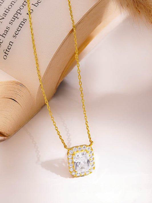 925 Fine Silver Cushion Halo Diamond Pendant Necklace Length-21 cm : Width-1 cm