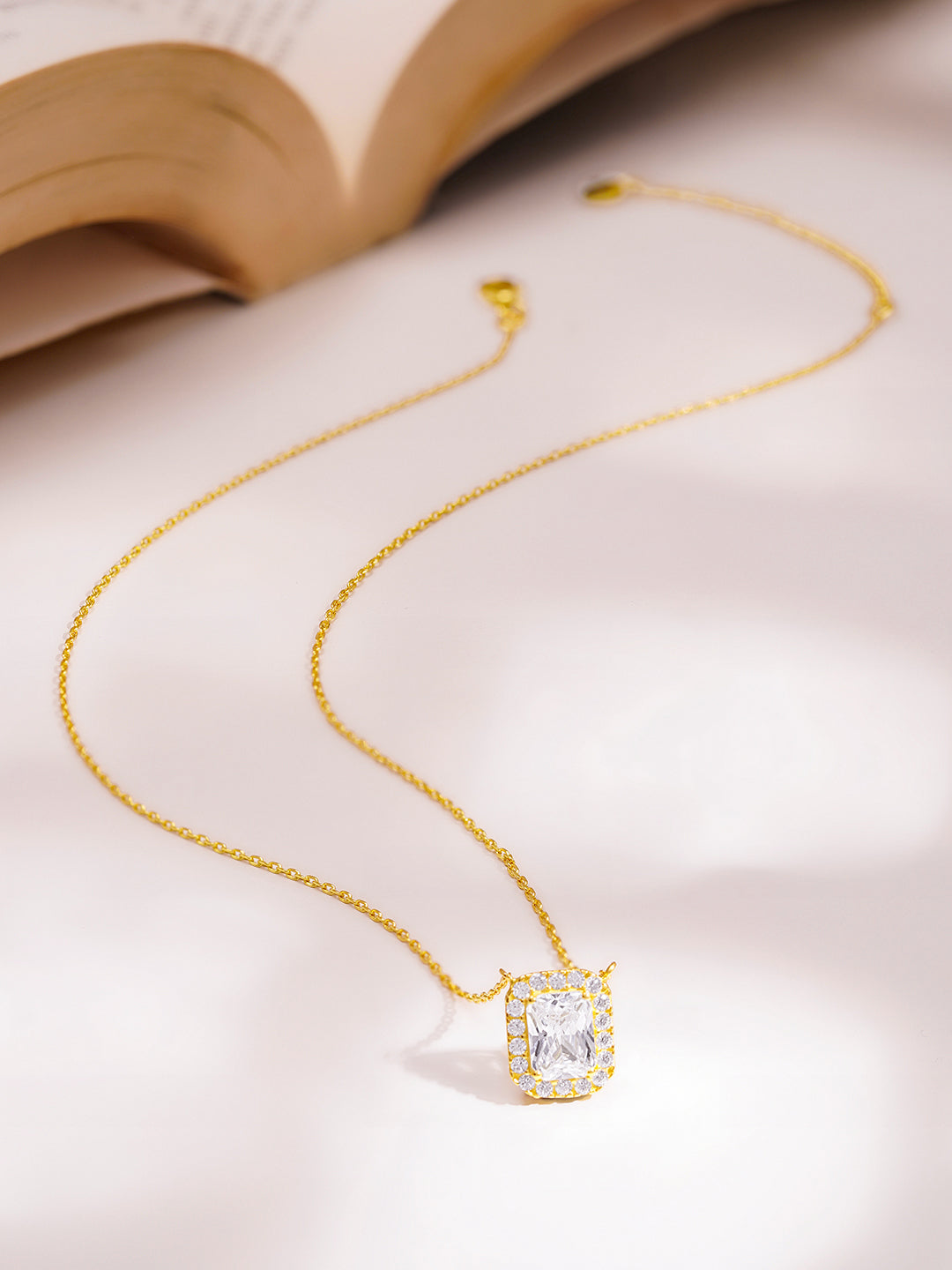 925 Fine Silver Cushion Halo Diamond Pendant Necklace Length-21 cm : Width-1 cm