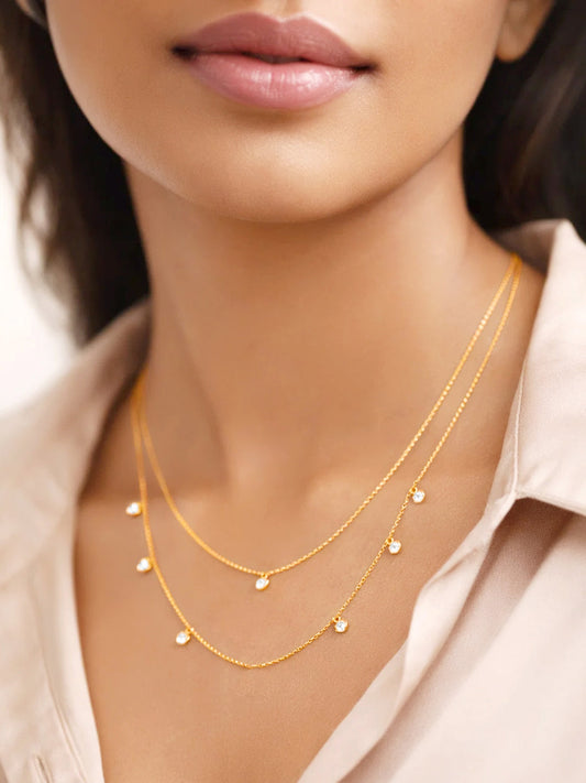 925 Fine Silver Layered Crystal Charm Necklace Length-22 cm : Width-0.3 cm