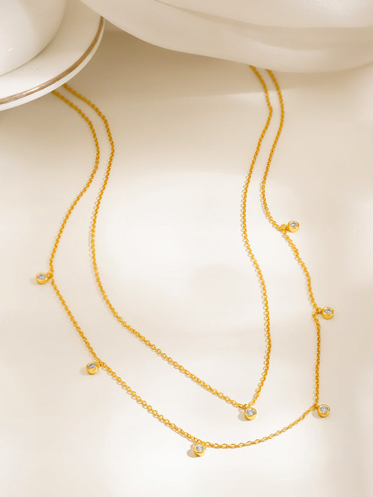 925 Fine Silver Layered Crystal Charm Necklace Length-22 cm : Width-0.3 cm